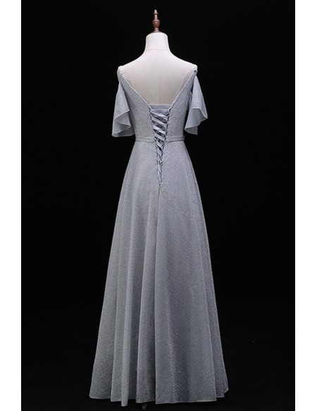 Elegant Grey Aline Long Prom Dress With Sash