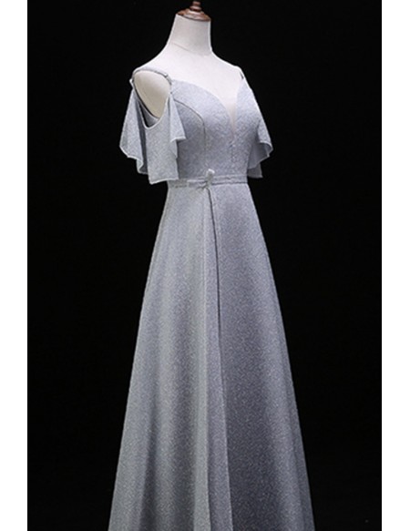 Elegant Grey Aline Long Prom Dress With Sash
