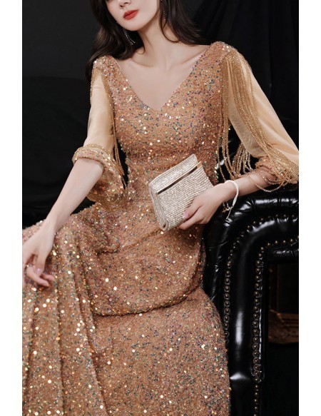 Gorgeous Sparkly Sequined Aline Long Prom Dress Tassel Sleeves
