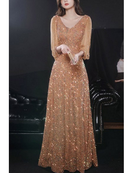 Gorgeous Sparkly Sequined Aline Long Prom Dress Tassel Sleeves