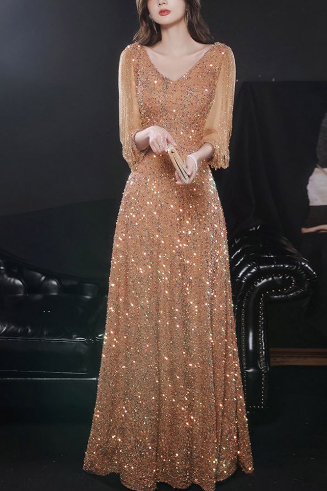 Sparkle White Long sleeves Pleated Long Prom Dress Sequin