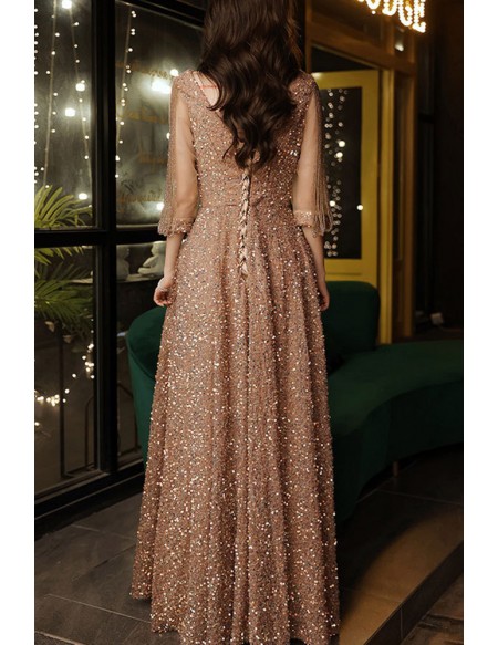 Gorgeous Sparkly Sequined Aline Long Prom Dress Tassel Sleeves