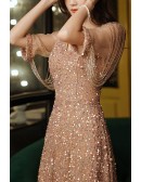 Gorgeous Sparkly Sequined Aline Long Prom Dress Tassel Sleeves
