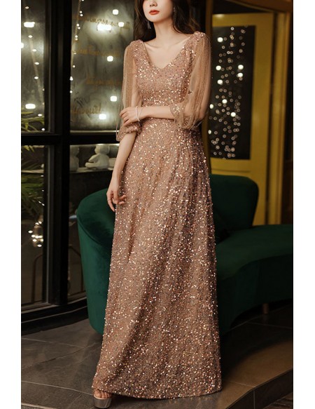 Gorgeous Sparkly Sequined Aline Long Prom Dress Tassel Sleeves
