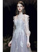 Aline Long Tulle Prom Dress With Sheer Sleeves