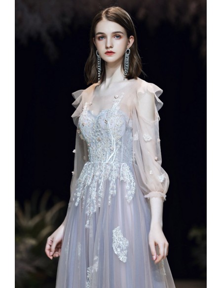 Aline Long Tulle Prom Dress With Sheer Sleeves