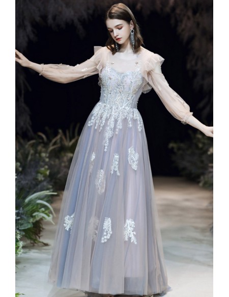 Aline Long Tulle Prom Dress With Sheer Sleeves