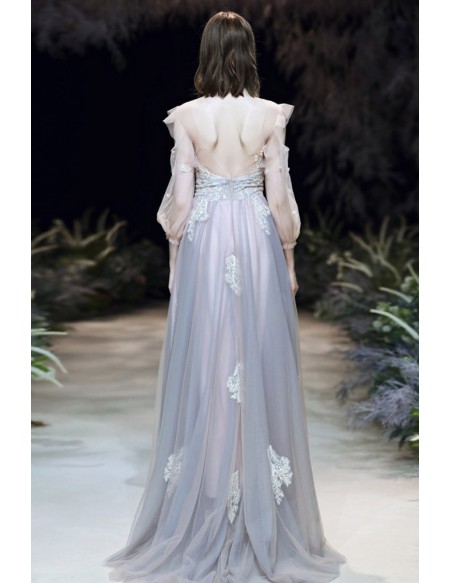 Aline Long Tulle Prom Dress With Sheer Sleeves