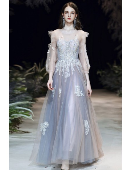 Aline Long Tulle Prom Dress With Sheer Sleeves