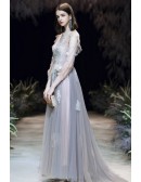 Aline Long Tulle Prom Dress With Sheer Sleeves