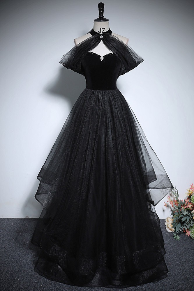 Black Tulle Appliques Halter Ruffle Tiered Long Prom Dress main image 1