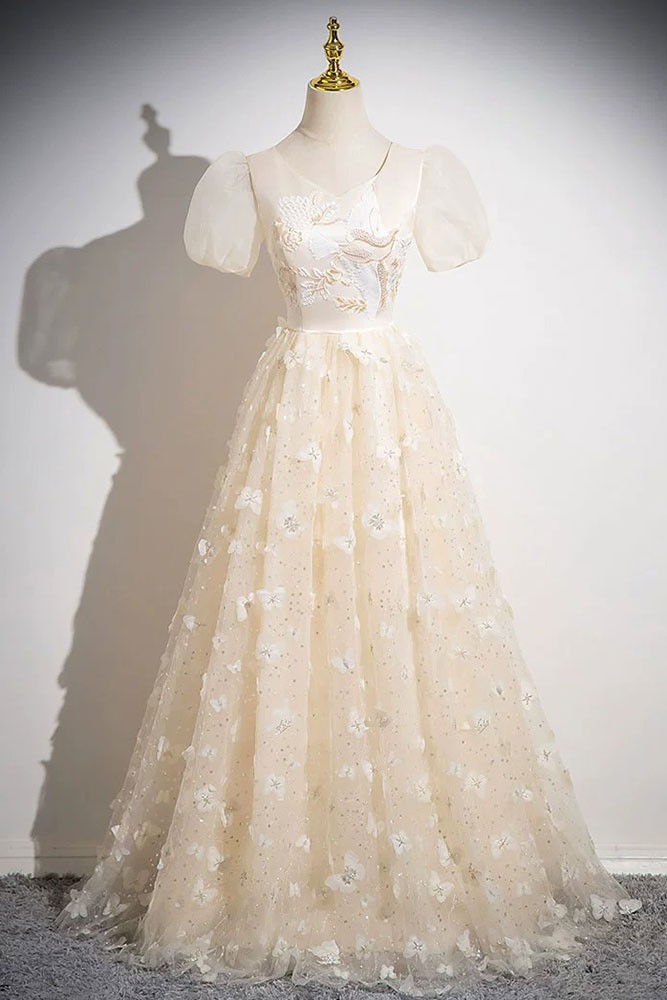 Strapless Champagne Bubble Skirt Long Prom Dress