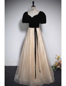 Black With Champagne Long Tulle Prom Dress With Sash