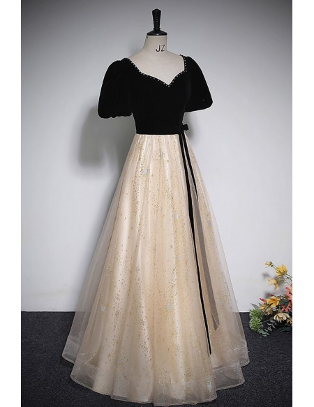 Black With Champagne Long Tulle Prom Dress With Sash