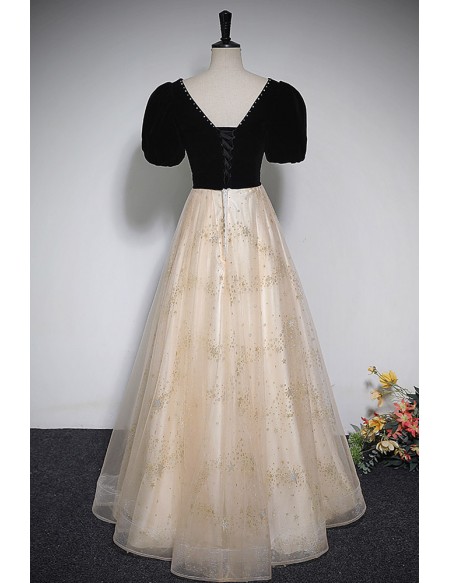 Black With Champagne Long Tulle Prom Dress With Sash