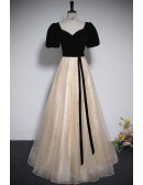 Black With Champagne Long Tulle Prom Dress With Sash