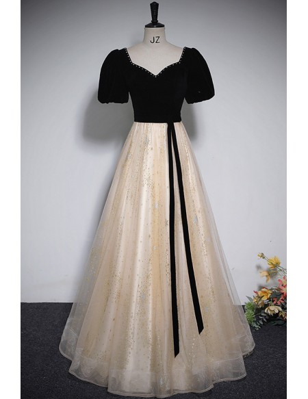 Black With Champagne Long Tulle Prom Dress With Sash