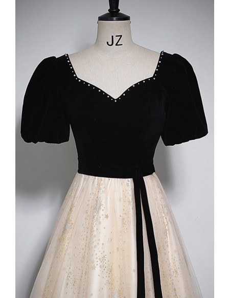 Black With Champagne Long Tulle Prom Dress With Sash