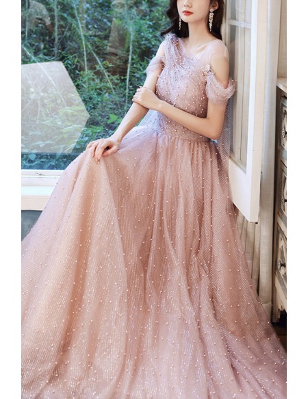 Bling Tulle Off Shoulder Long Prom Dress With Beadings