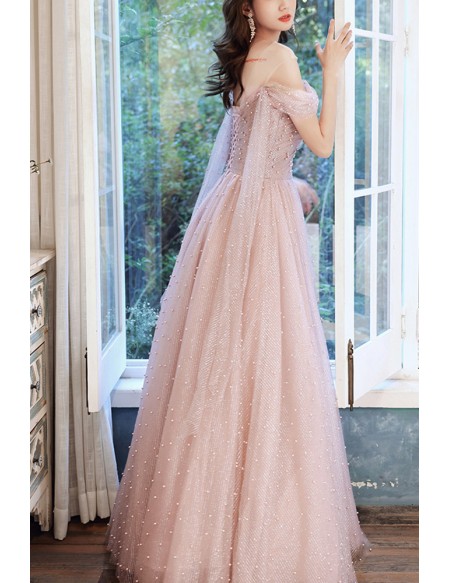 Bling Tulle Off Shoulder Long Prom Dress With Beadings