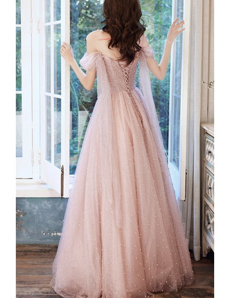 Bling Tulle Off Shoulder Long Prom Dress With Beadings