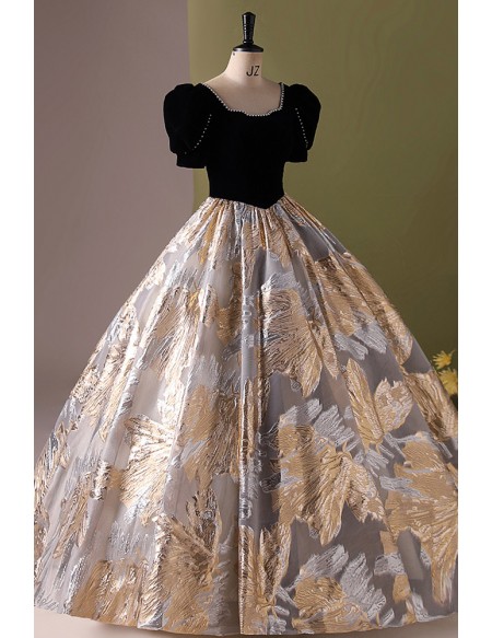 Bubble Sleeved Sparkly Patterns Ballgown Prom Dress