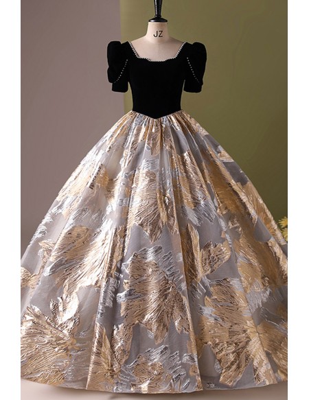 Bubble Sleeved Sparkly Patterns Ballgown Prom Dress