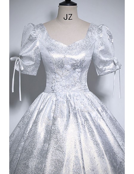 Silver Grey Ballgown Long Prom Dress With Sleeves