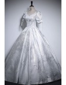 Silver Grey Ballgown Long Prom Dress With Sleeves