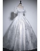 Silver Grey Ballgown Long Prom Dress With Sleeves