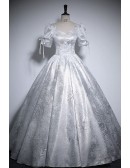 Silver Grey Ballgown Long Prom Dress With Sleeves
