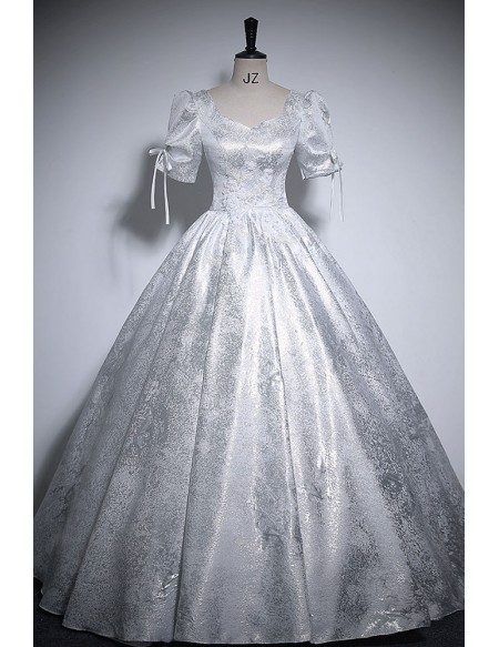 Silver Grey Ballgown Long Prom Dress With Sleeves