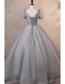 Dreamy Grey Bling Ballgown Long Prom Dress With Sleeves