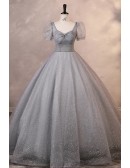Dreamy Grey Bling Ballgown Long Prom Dress With Sleeves