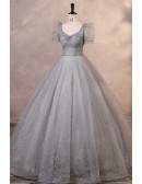 Dreamy Grey Bling Ballgown Long Prom Dress With Sleeves