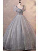 Dreamy Grey Bling Ballgown Long Prom Dress With Sleeves