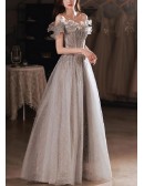 Off Shoulder Silver Bling Grey Prom Dress