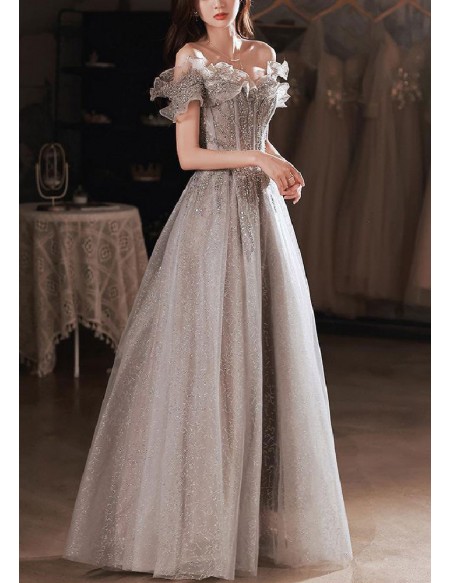 Off Shoulder Silver Bling Grey Prom Dress