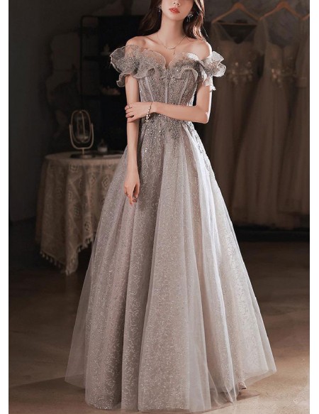Off Shoulder Silver Bling Grey Prom Dress