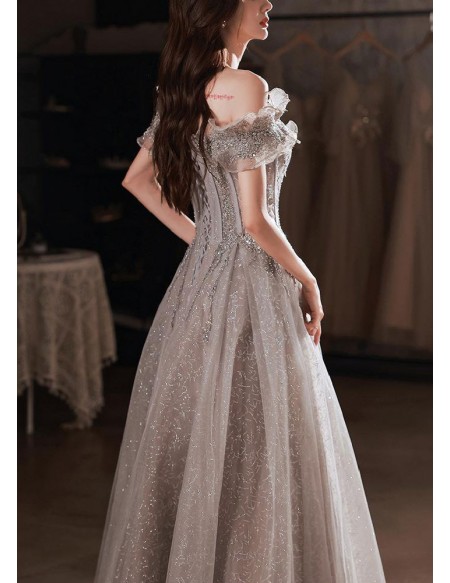 Off Shoulder Silver Bling Grey Prom Dress