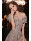 Off Shoulder Silver Bling Grey Prom Dress