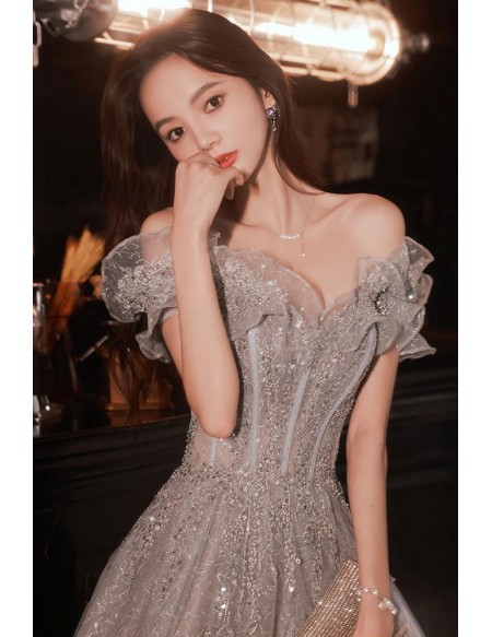 Off Shoulder Silver Bling Grey Prom Dress