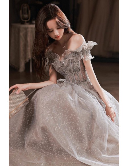 Off Shoulder Silver Bling Grey Prom Dress