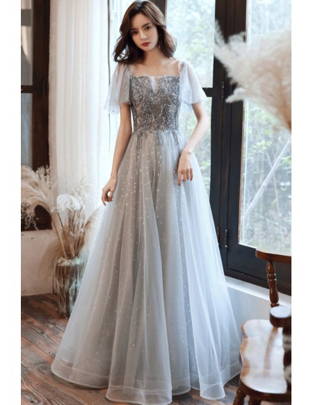 Grey Appliques Long Tulle Prom Dress