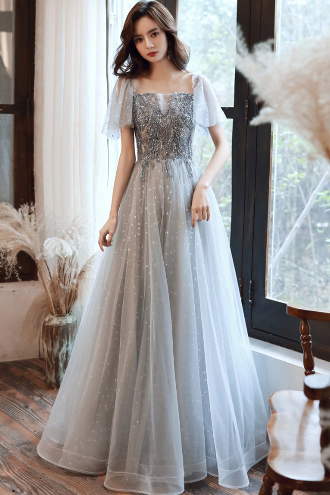 Grey Tulle Prom Dress with Appliques
