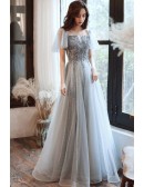 Grey Appliques Long Tulle Prom Dress