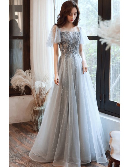 Grey Appliques Long Tulle Prom Dress