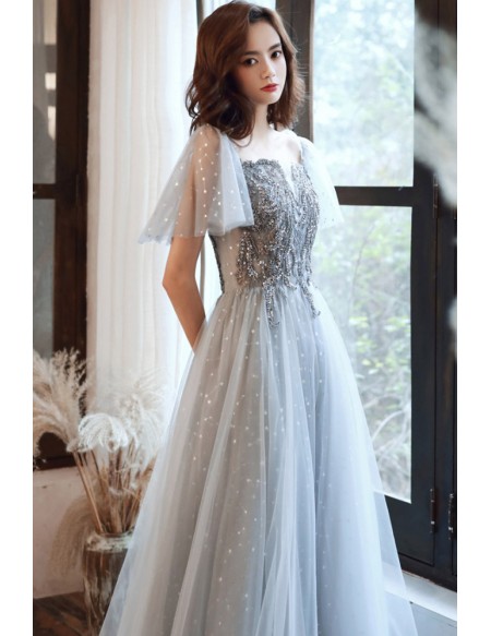 Grey Appliques Long Tulle Prom Dress