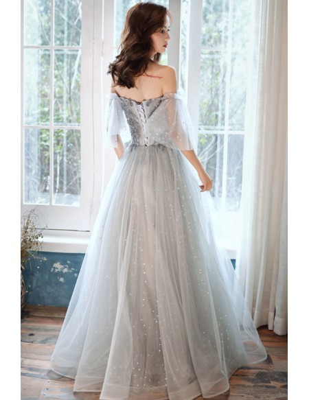 Grey Appliques Long Tulle Prom Dress