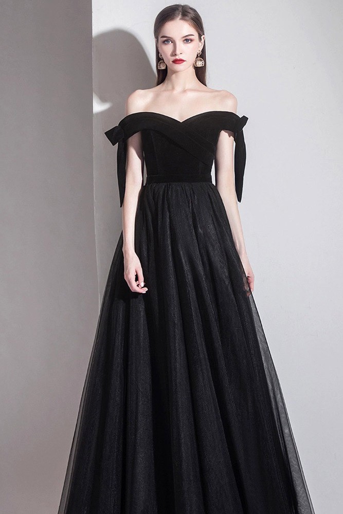 Black Sparkle Tulle Off-the-Shoulder Ruffle Multi-Layer Long Prom Dress